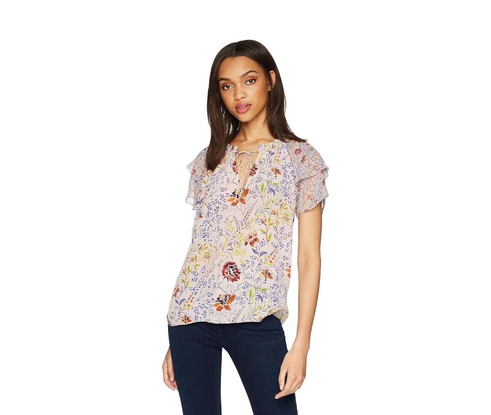 Velvet by Graham & Spencer Angel Floral Print Flutter Sleeve Blouse Size Large